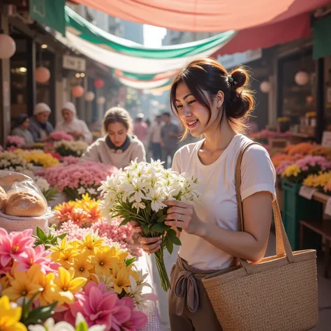 masterpiece, 8k, Highest Quality, detail, high resolution, Digital Photo, ultra detailed, photorealistic portrait of young woman shopper examining fresh flowers at morning market captured from intimate 3/4 viewer angle, her face showing moment of sensory d...