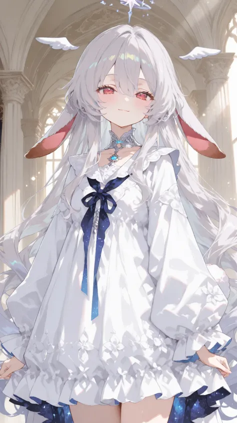 high quality, masterpiece, ultimate detail, 1 girl, Long Rabbit Ears ,(((droopy ears))),fluffy long hair,very long hair, silver hair, soft texture like rabbit hair, big kind eyes, white dress,, Big Ribbons on Her Neck, cute expression peeking through a gre...