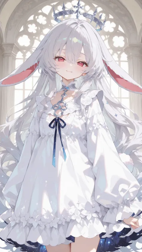 high quality, masterpiece, ultimate detail, 1 girl, Long Rabbit Ears ,(((droopy ears))),fluffy long hair,very long hair, silver hair, soft texture like rabbit hair, big kind eyes, white dress,, Big Ribbons on Her Neck, cute expression peeking through a gre...