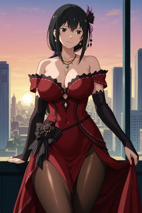 newest , masterpiece , anime screencap , anime coloring , masterpiece, best quality , 1girl, Solo, Mature Female, yukishiro tomoe,2025s \(style\), black eyes, long hair, black hair, big breasts, big buttocks, glamorous bodies, attractive bodies, thick thig...