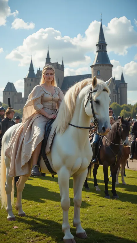 8K picture、　Princess Charlotte on a White Horse、　護衛の騎馬とCharlotte Castle Background