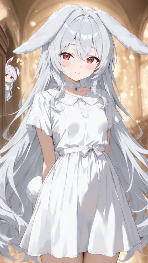 high quality, masterpiece, ultimate detail, 1 girl, Long Rabbit Ears ,(((droopy ears))),fluffy long hair,very long hair, silver hair, soft texture like rabbit hair, big kind eyes, white dress,, Big Ribbons on Her Neck, cute expression peeking through a gre...
