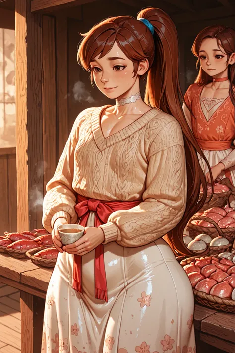 Princess Marco. brown eyes, very long hair, brown hair, ponytail. very small breasts. huge hips. slim body. choker. femboy, crossdressing,| Morning Market Story — bustling fish market at dawn. A figure in a voluminous floral dress layered with a knitted sw...