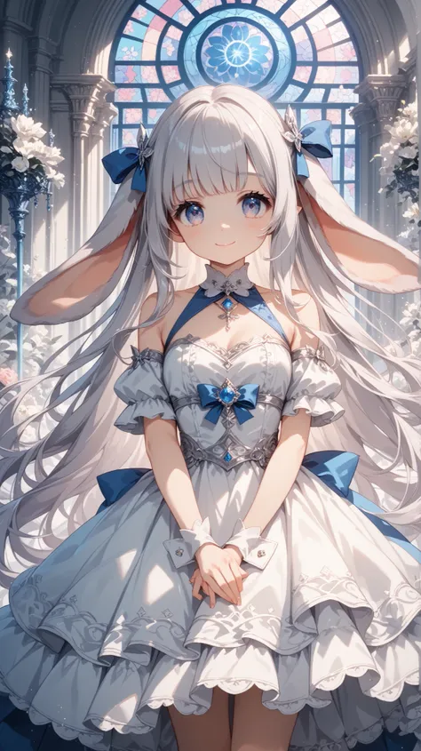 high quality, masterpiece, ultimate detail, 1 girl, Long Rabbit Ears ,(((droopy ears))),fluffy long hair,very long hair, silver hair, soft texture like rabbit hair, big kind eyes, white dress,, Big Ribbons on Her Neck, cute expression peeking through a gre...