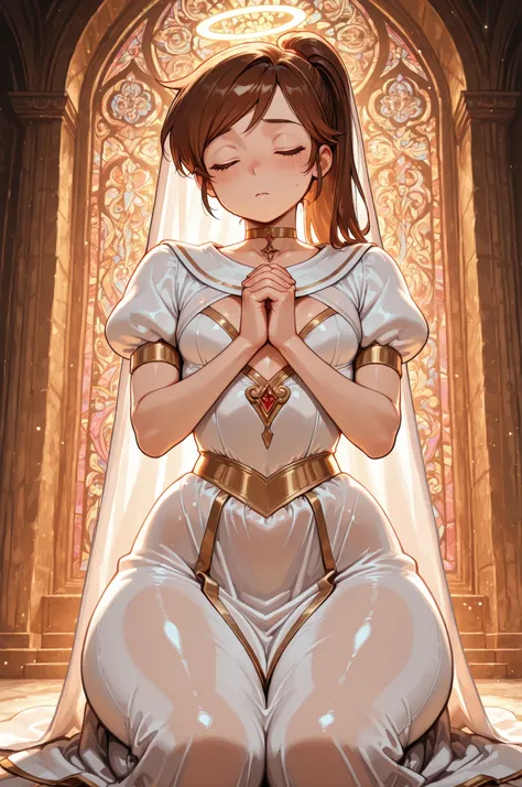 Princess Marco. brown eyes, brown hair, ponytail. small breasts. huge hips. slim body. choker. femboy, crossdressing,|   A dimly lit church, colorful stained glass, a holy girl praying in the chapel, with a radiant halo above her head. She is short, with s...