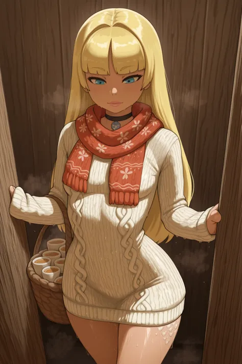 Pacifica Northwest, small breasts, skinny, medium hips, long hair, blonde hair, choker , pink lips, | Morning Market Story — bustling fish market at dawn. A figure in a voluminous floral dress layered with a knitted sweater and a patterned scarf examines ...