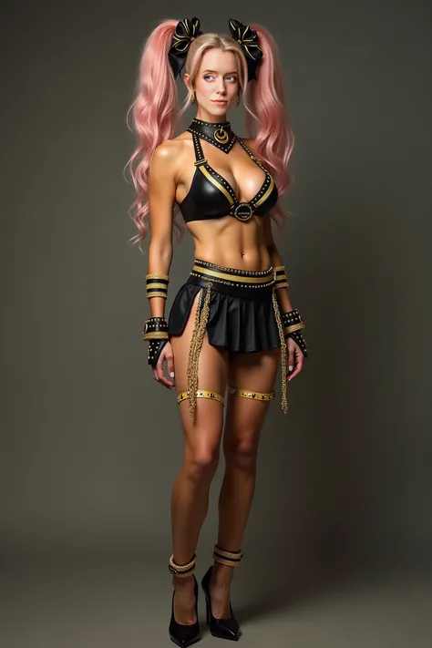 Extremely long legs. Model looking directly into camera, eyes looking at camera. Massive comically large pushed up boobs, slim waist, Ultra realistic photo image, arms lowered behind back. 

Extremely sexy athletic woman, wearing:

A hyper-slutty, bondage-...