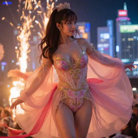 都会の高層ビルを背景にした昼間の現代的なfire祭りイベントで、Japan's top idol who dances to embody tradition and innovation。modernly arranged Japanese-style costumes and rainbow-colored dresses are auroras and gold、shines in a futuristic festival space where real flames are mixed。The ...