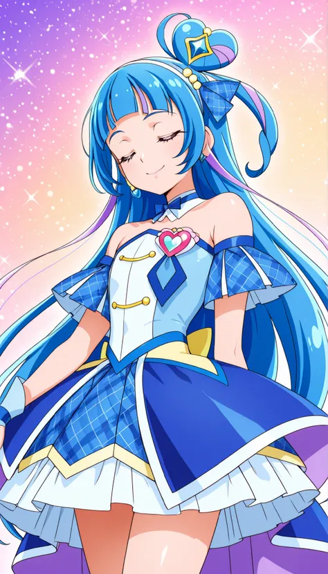  cure wink, kimi to idol precure, blue hair, magical girl, mini crown, purple eyes, blue dress, tilted headwear, very long hair, blunt bangs, bare shoulders, hairband, two-tone hair, purple hair, jewelry, idol clothes, masterpiece, best quality, newest, ab...
