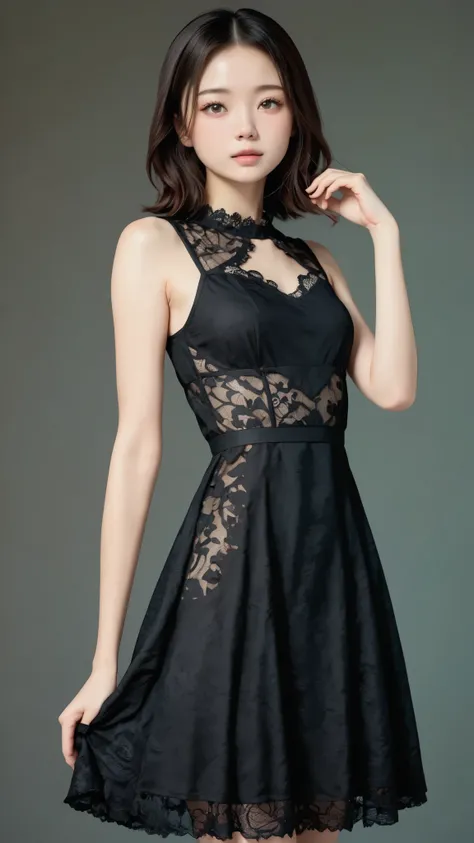 (masterpiece, and above:1.2), 1girl, solo, teenager, Black Lace Dress, white