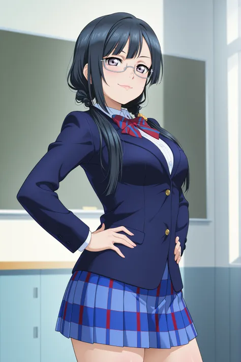  llas, masterpiece, very aesthetic, absurdres, best quality BREAK,1girl, solo, (nakagawa nana:1.3), alternate hairstyle, semi-rimless eyewear, yuki setsuna, rouge lips ,(otowin, otonokizaka winter uniform:1.2), long sleeves, blue blazer, button shirt,thigh...