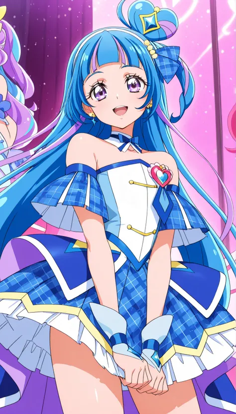cure wink, kimi to idol precure, blue hair, magical girl, mini crown, purple eyes, blue dress, tilted headwear, very long hair, blunt bangs, bare shoulders, hairband, two-tone hair, purple hair, jewelry, idol clothes, masterpiece, best quality, newest, abs...