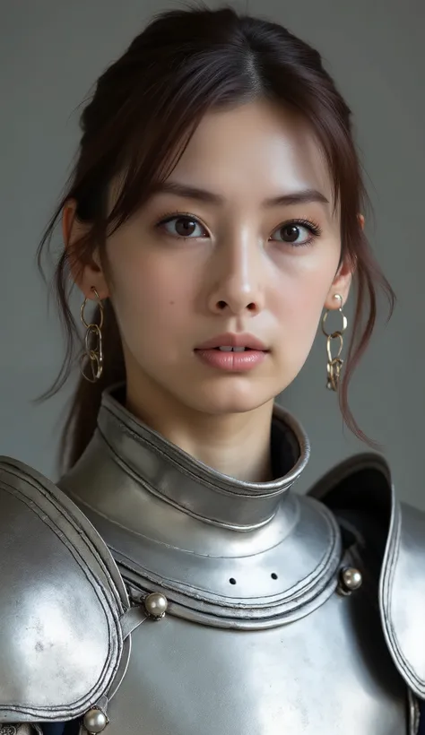 neat young woman wearing luxurious silver armor、、female knight、、、ear piercings、looking at camera、looking directly in front、前髪あり、怒り顔、、口を閉じている、、face close-up、grey background、

