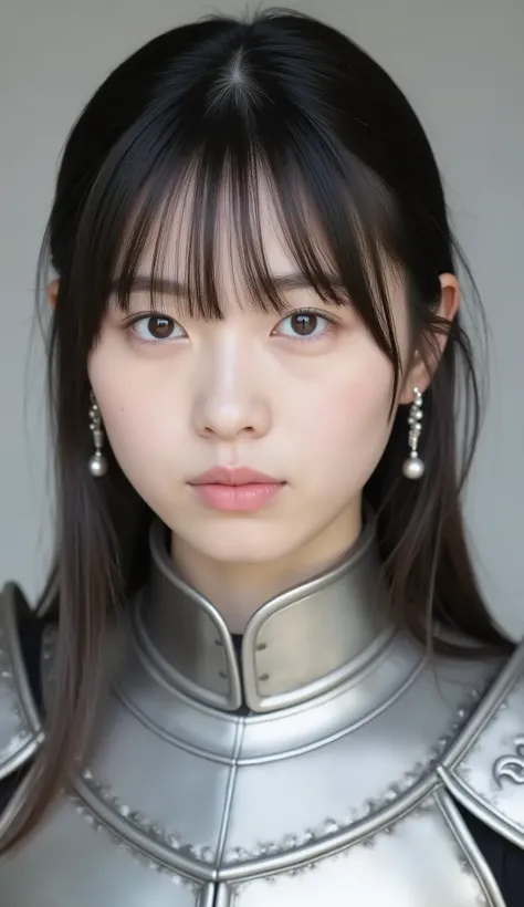 neat young woman wearing luxurious silver armor、、female knight、、、ear piercings、looking at camera、looking directly in front、歯を見せた笑顔、、face close-up、grey background、