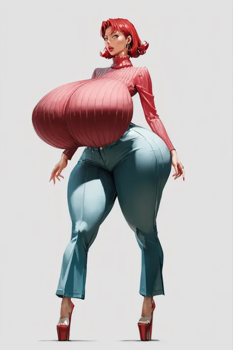 simple background, Mature woman, Irish woman with freckles facing forward, white skin tone, high cheekbones, middle-parted hair, cut hair, red hair, mid-length hair, big lips, glossy pink lips, tall, curvaceous, wide hips, massive breasts, huge ass, tight ...