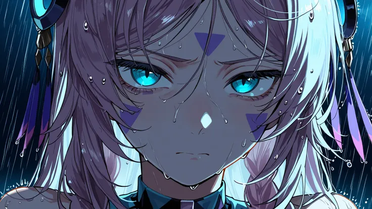 score_9, score_8_up, score_7_up,masterpiece, best quality, very aesthetic, citlali, long hair, facial mark, blue eyes, twin braids, ring hair ornament, reze eye twitch scene, close-up, wet, scene reference, rain drops, looking at viewer, wet hair, chainsaw...