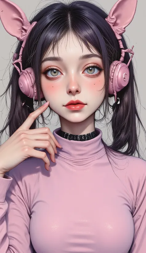 manga style:1.4, A woman wearing an Alicia  , wears a tight pink body and a short pink jacket with long sleeves and two-tone gloves..,  cosplay costume and white socks and white cosplay shoes  , She has long hair with two pink pigtails with headphones shap...