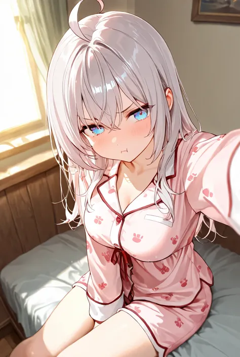 1girl, masterpiece, Highly detailed, High resolution, Alisa Mikhailovna Kujou, Alya Sometimes Hides Her Feelings in Russian, Dress Pajamas, indoors, Pout, Outstretched arm, Medium breasts, Sitting