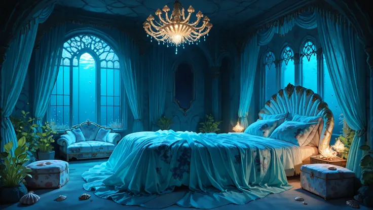 masterpiece,best quality,ultra high res,photorealistic,8K UHD,hyper-detailed, newest, bedroom of the M3rm41d v2, large bed, scattered big pillows, dark room, beautiful and aesthetic, deep shadow, fantasy theme, divine, window, canopy curtains, ((seashell-s...