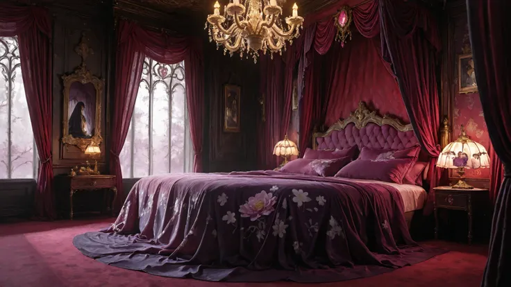 (masterpiece, detailed:1.2),best quality,ultra high res,photorealistic,8K UHD,hyper-detailed, newest, bedroom of the Queen of H34rts, large bed, scattered big pillows, dark room, beautiful and aesthetic, deep shadow, fantasy theme, divine, window, canopy c...