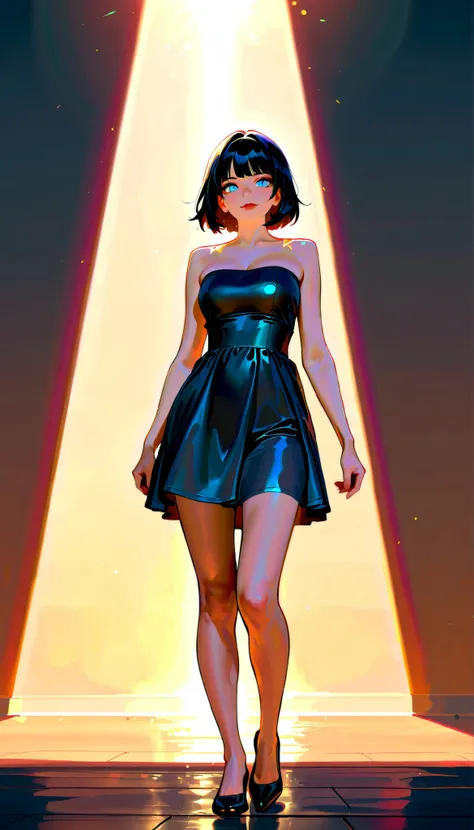 (RAW Photo), Absurd Resolution, Hyperrealism, Photorealism, Maximum Quality, 16k, Masterpiece, Ultra Detailed) (beautiful girl, 21 years old), (sharp pupil, blue eye), (black hair and brown extensions), (made-up, red lips), (woman wearing a short, straples...