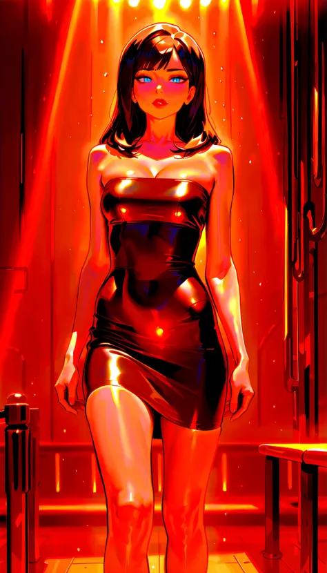 (RAW Photo), Absurd Resolution, Hyperrealism, Photorealism, Maximum Quality, 16k, Masterpiece, Ultra Detailed) (beautiful girl, 21 years old), (sharp pupil, blue eye), (black hair and brown extensions), (made-up, red lips), (woman wearing a short, straples...