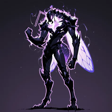 masterpiece, ultra-HD, impressionism, high detail, best quality, very aesthetic, 8K, best quality, beautiful, ultra-high resolution, 32K UHD, sharp focus, 1man, solo, akb, male, anthro insect, glowing purple eyes, antennae, insect wings, insect abdomen, an...