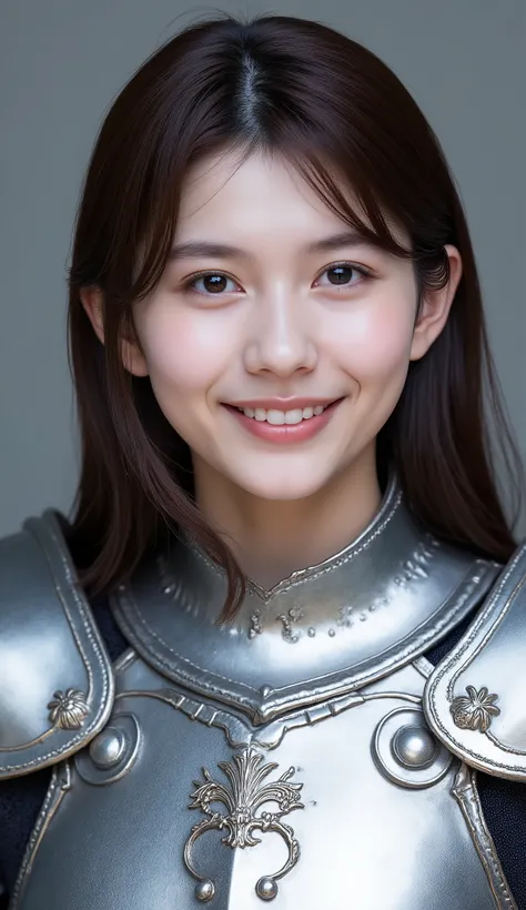 neat young woman wearing luxurious silver armor、、female knight、、漆黒の髪、、ear piercings、looking at camera、looking directly in front、歯を見せた笑顔、顔のクローズアップ、grey background、