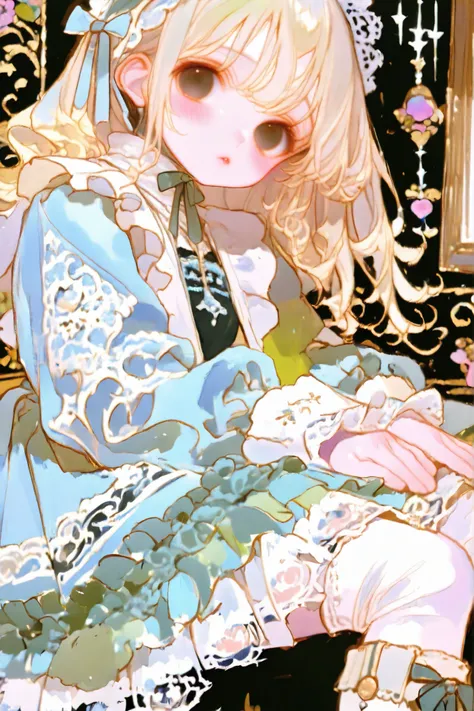 thin lines, thin colors, watercolor, colorful, fantasy, (looking viewer :1.5), lolita theme, model pose,
1 girl, solo, blonde hair, long hair, black eyes, blush stickers, fair skin, plump lips, Dolly Kay fashion model, antique medieval fashion, doll-like...