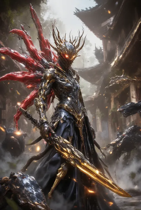 Strange creature half strawberry jelly half woman insect cockroach, with gold and black armor , holding an ancient mystical weapon sparkles, in a sunny outdoor castle, monsters walking around . Ratio 2 :3, dynamic posture.