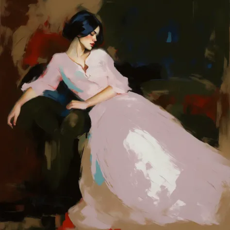 Create a portrait of a young woman in a semi-reclining pose with a pensive expression. Use a painterly style inspired by Malcolm Liepke, characterized by expressive brushstrokes and rich texture. Nautical color palette — deep navy blues, seafoam greens, sa...