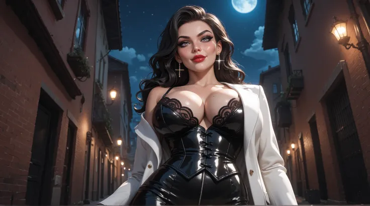 beautiful evil mature mistress standing proudly, beautiful face closeup, beautiful grey eyes, closed mouth, nude shoulder, view from below, alluring, strong makeup, full lips, wide lips, red lips, full lips, slim body, big breasts, huge breasts, long eyela...