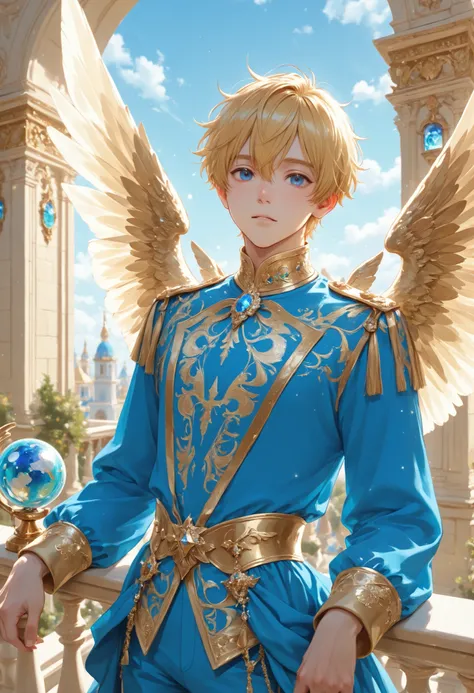 a blond young man with blue eyes with, dressed in blue and gold tunics, Prince clothes , wings landing on the balcony atop a marble tower and gold details