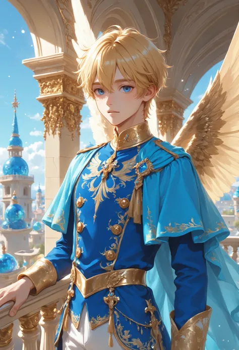 a blond young man with blue eyes with, dressed in blue and gold tunics, Prince clothes , wings landing on the balcony atop a marble tower and gold details