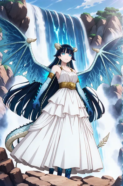 1girl, Saphir Maasa, 150cm, blunt bangs, very long hair, dark blue hair, glowing blue eyes, hair tubes, horns, blue scaled skin, white dress, growing blue dragon wings dragon tail, monstrous, intense expression, by a waterfall outdoors, alone, in full view...