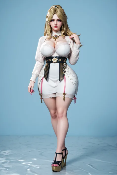 RSGRL, ,russian woman, solo, Beautiful 18th-century woman. Blonde hair: Soft waves, half-up in an aristocratic style. Loose, flowing waves. Only the top section swept back with a gold or pearl brooch. Blue eyes. Clothing: Luxurious and provocative Polonais...