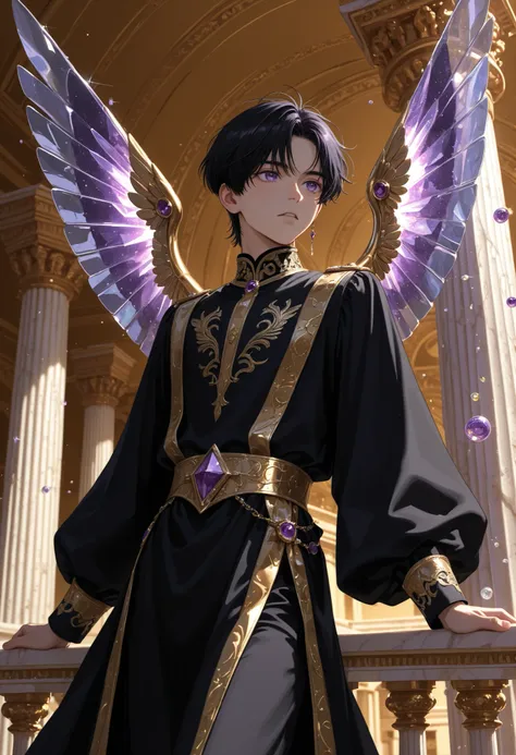 a young man with black hair, with amethyst eyes, with metallic wings lila, dressed in black and gold tunics, Prince clothes , supported by a marble column, on the balcony atop a marble tower and gold details