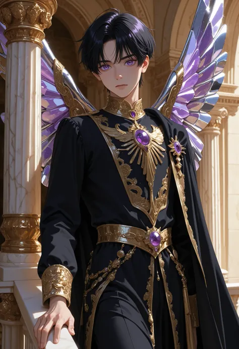 A young man with black hair, with amethyst eyes, with metallic wings lila, dressed in black and gold tunics, Prince clothes , supported by a marble column, on the balcony atop a marble tower and gold details