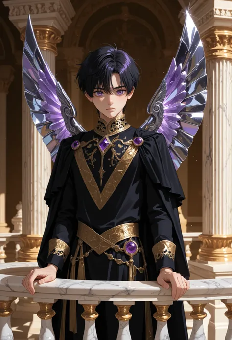 A young man with black hair, with amethyst eyes, with metallic wings lila, dressed in black and gold tunics, Prince clothes , supported by a marble column, on the balcony atop a marble tower and gold details