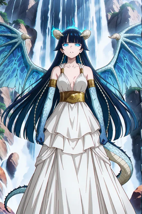 1girl, Saphir Maasa, 150cm, blunt bangs, very long hair, dark blue hair, glowing blue eyes, hair tubes, horns, blue scaled skin, white dress, growing blue dragon wings dragon tail, monstrous, intense expression, by a waterfall outdoors, alone, in full view...