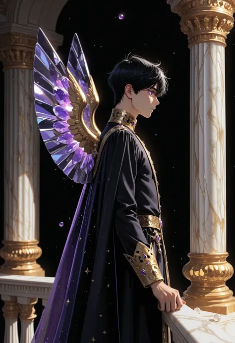 Profile view of a young man with black hair, with amethyst eyes, with metallic wings lila, dressed in black and gold tunics, Prince clothes , supported by a marble column, on the balcony atop a marble tower and gold details