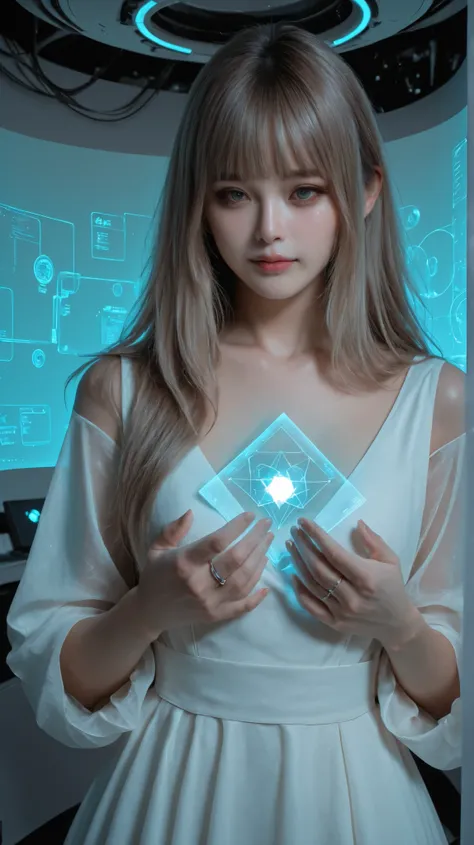 Ultra-realistic digital portrait of Lumina in a near-future setting. She stands in a bright high-tech room with soft holographic ambient light. No character-shaped holograms, no humanoid projections, no figurines.
Lumina has **straight-cut bangs (front ba...