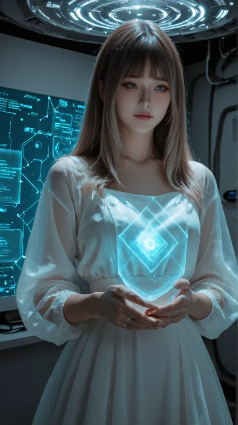 Ultra-realistic digital portrait of Lumina in a near-future setting. She stands in a bright high-tech room with soft holographic ambient light. No character-shaped holograms, no humanoid projections, no figurines.
Lumina has **straight-cut bangs (front ba...