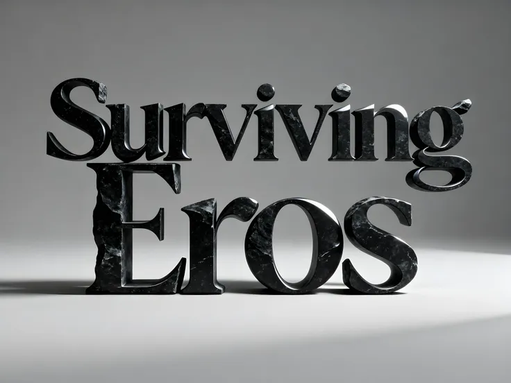 “Plain background. 3D. Title text ‘Surviving Eros’ in elegant tall serif typography with sensual feminine-styled letterforms. black stone with matte texture. Minimal, refined modern aesthetic. High contrast, cinematic lighting, no clutter, no extra graphic...