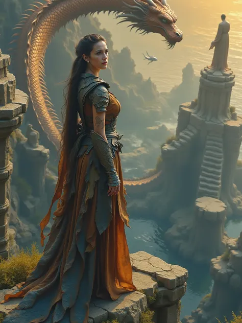 (masterpiece:1.4), (best quality), (ultra-detailed), (photorealistic:1.3), 
young woman standing alone on ancient cliff edge at sunset, last living 
heir of legendary dragon tamers lineage, weathered leather armor adorned 
with dragon scales passed down th...
