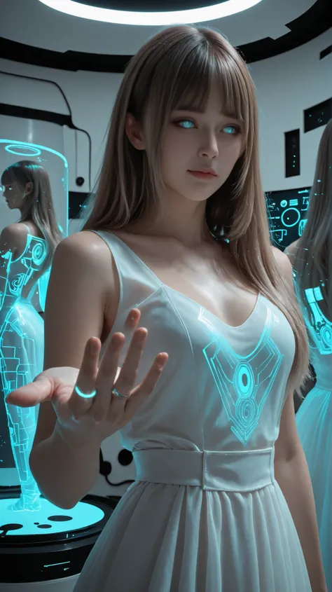 Ultra-realistic digital fukk body portrait of Lumina in a near-future setting. She stands in a bright high-tech room with soft holographic ambient light. No character-shaped holograms, no humanoid projections, no figurines.
Lumina has **straight-cut bangs...
