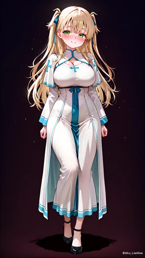 ,kashiwazakikana,,(dark background:1.4),),style_name,(detailed face,detailed body,detailed eyes:1.1), ,blonde hair,long hair, large breasts,(curvy:1.2),(High Resolution),(More Details), (8K),(two side up),(green eyes),sexy,hair ribbon, blue ribbon,(full bo...