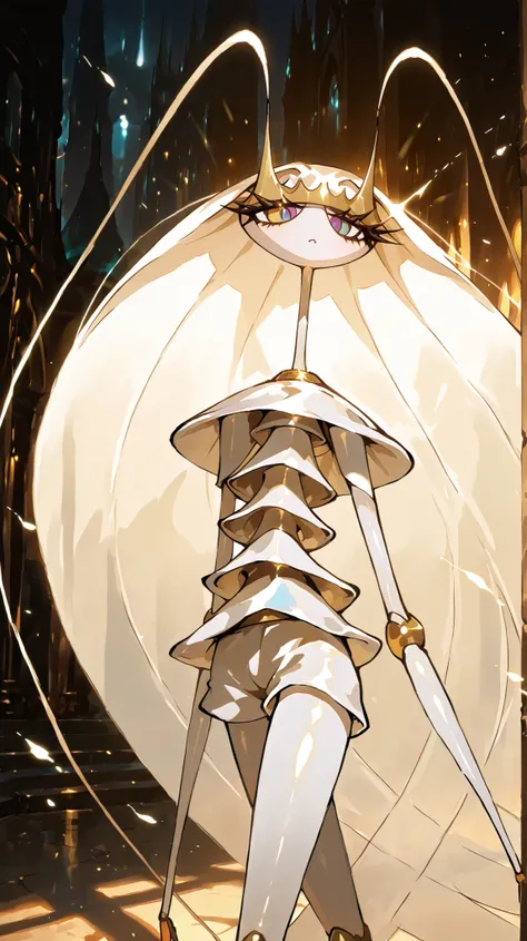 Pheromosa standing elegantly in moonlight, ultra-slender white exoskeleton glowing softly, golden eyes shining brightly with mysterious light, long antennae flowing in wind, heroic pose, dramatic rim lighting, extremely detailed, masterpiece, official art ...