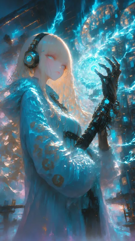 A highly detailed anime-style illustration of a young blonde woman with long flowing hair, wearing futuristic golden headphones with mechanical arms, a glossy blue raincoat-like outfit with pink accents and a fleur-de-lis emblem on the shoulder, standing d...