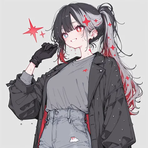  1 girl, black gloves, gray long sleeve sweat shirt, shirt tucked in, gray jeans, long ponytail hairstyle, smiling, small black jacket, Star Pupils, ruby color eyes, black hair highlights, gray hair, red stars in hair